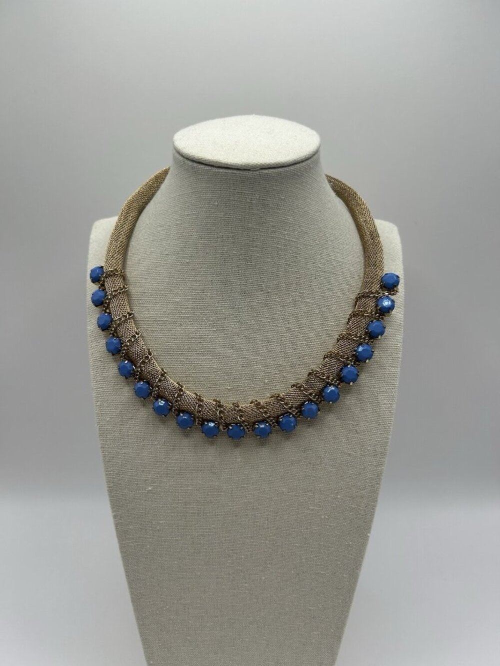 Vintage Mesh Chain Necklace Blue Bead Costume Choker Statement